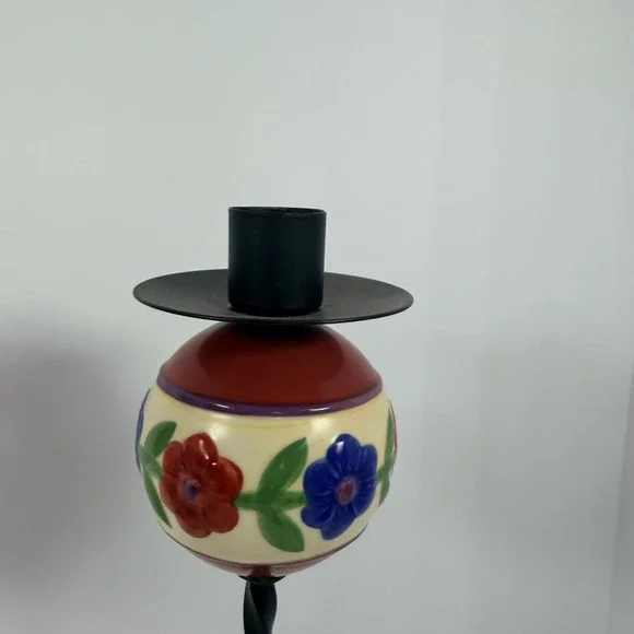 Jim Shore Candlestick Set Wrought Iron Folk Art Floral Ceramic Ball Red and Blue - Picture 3 of 10